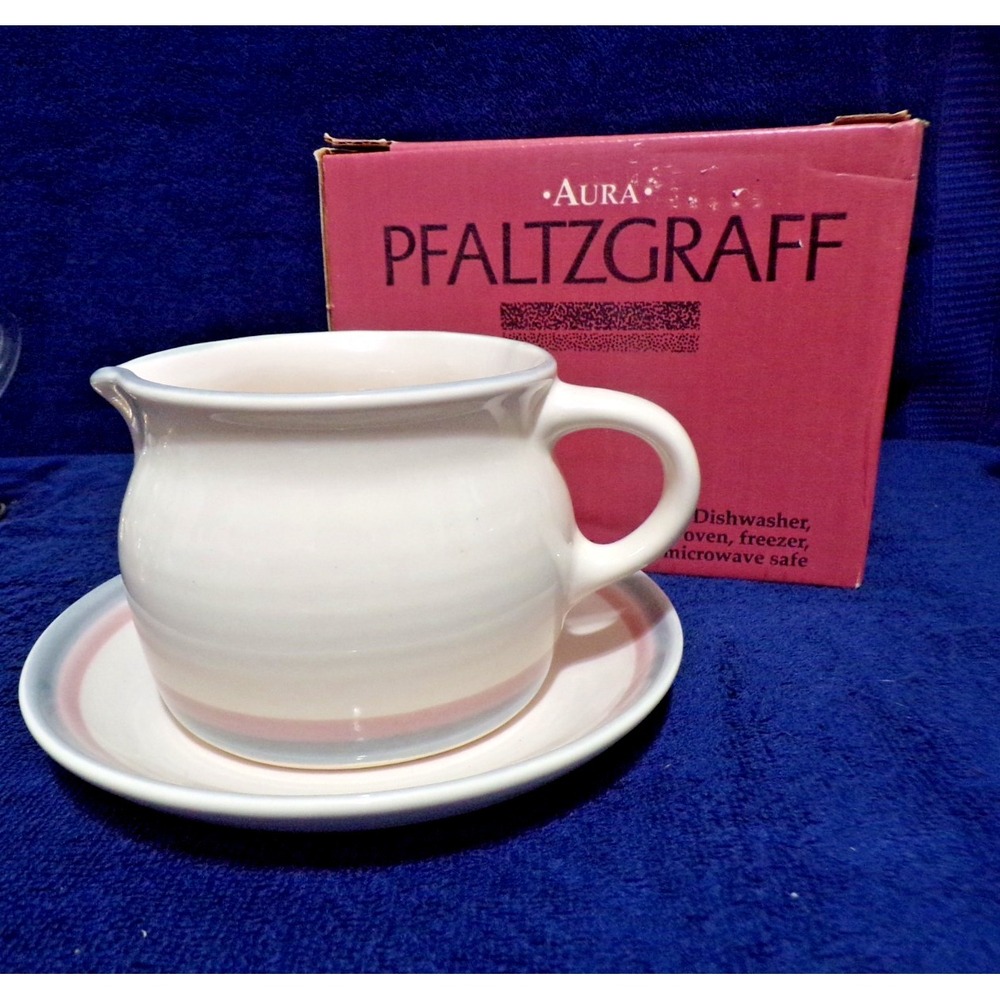 Pfaltzgraff Aura Gravy Sauce Syurp Milk‎ Boat w/Underplate 2 Pieces Orig Box VTG